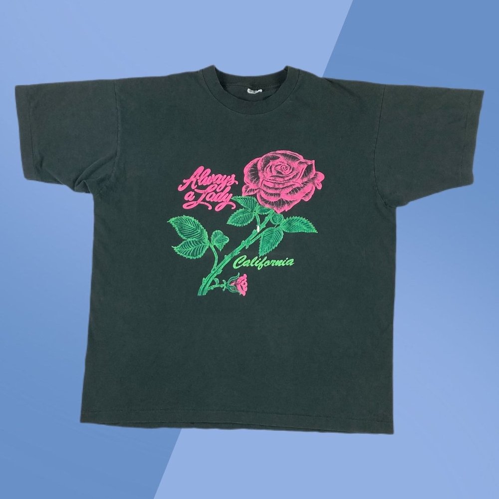 Vtg Fruit of the Loom Always a Lady Rose Cali Black S/S Graphic T-shirt Men's XL